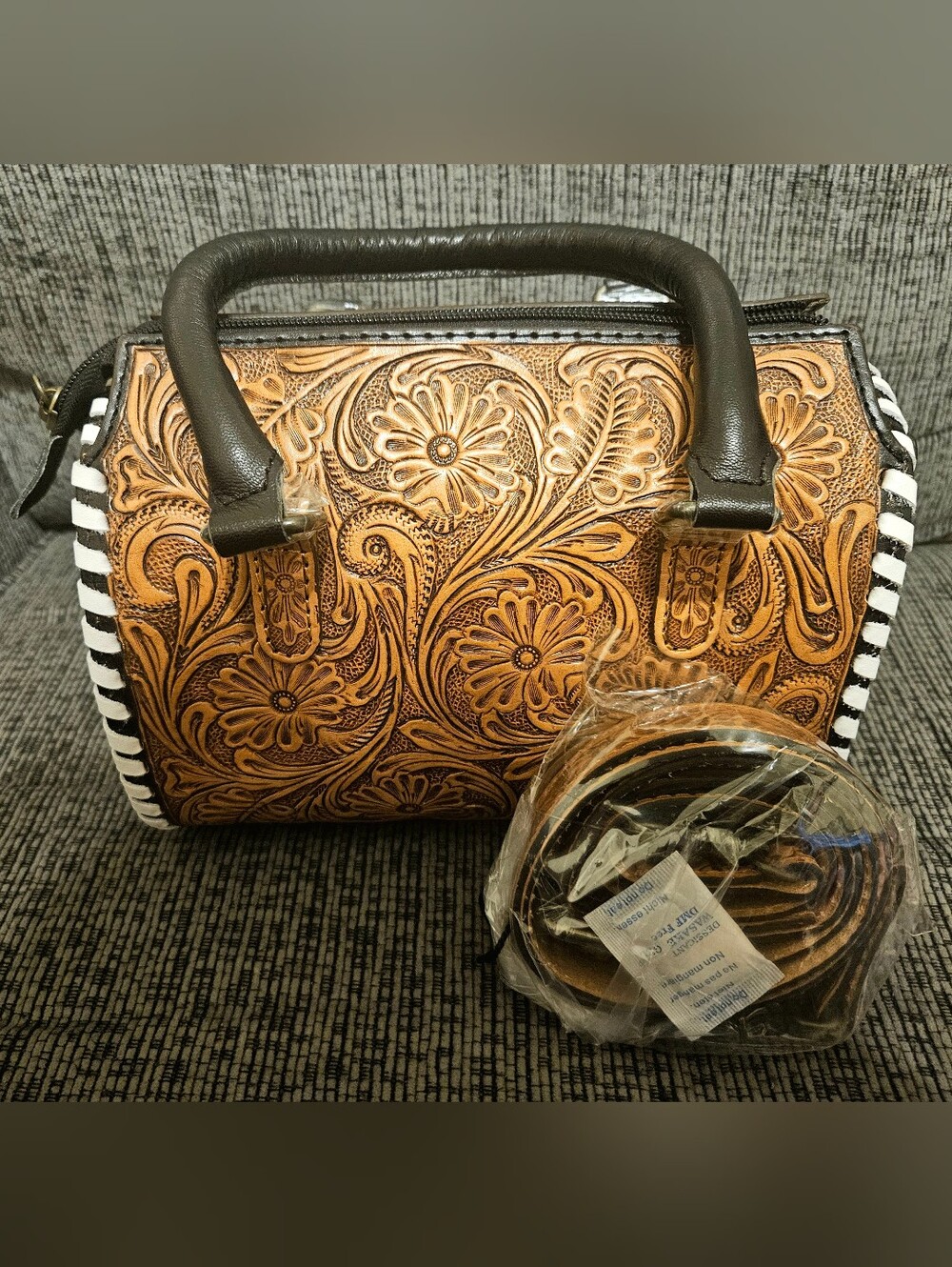 Tooled Floral Leather Satchel Handbag - Brown | Small Speedy